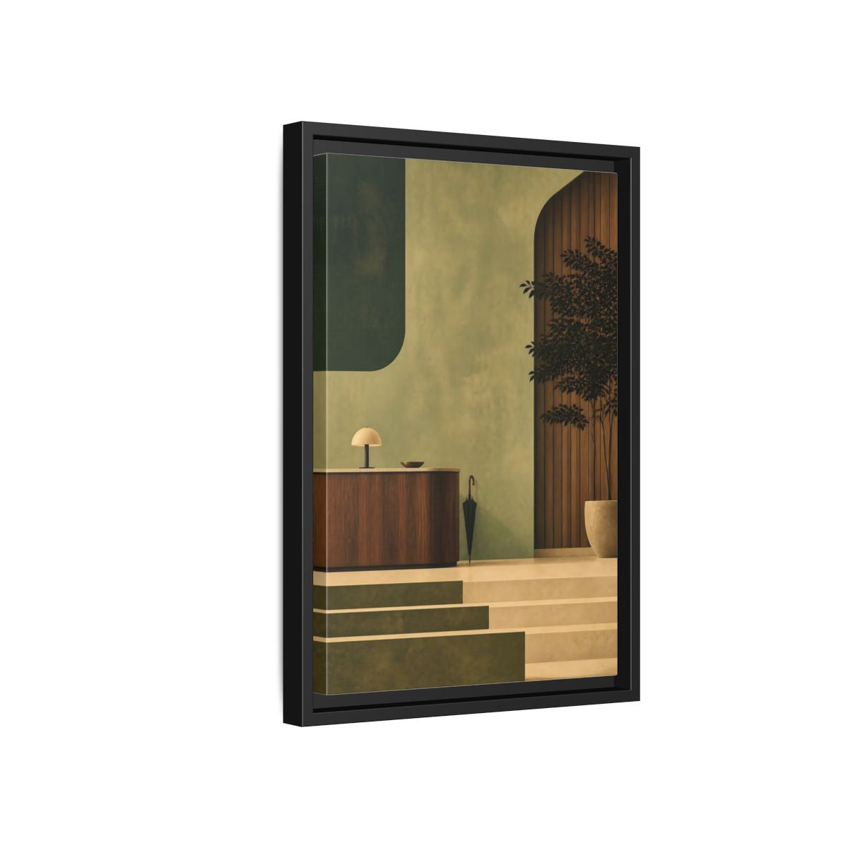 Side Mockup 6. Sage Reception Desk shown as framed canvas print