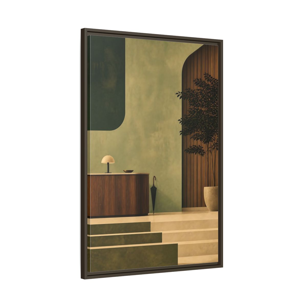 Main Mockup. Sage Reception Desk shown as framed canvas print