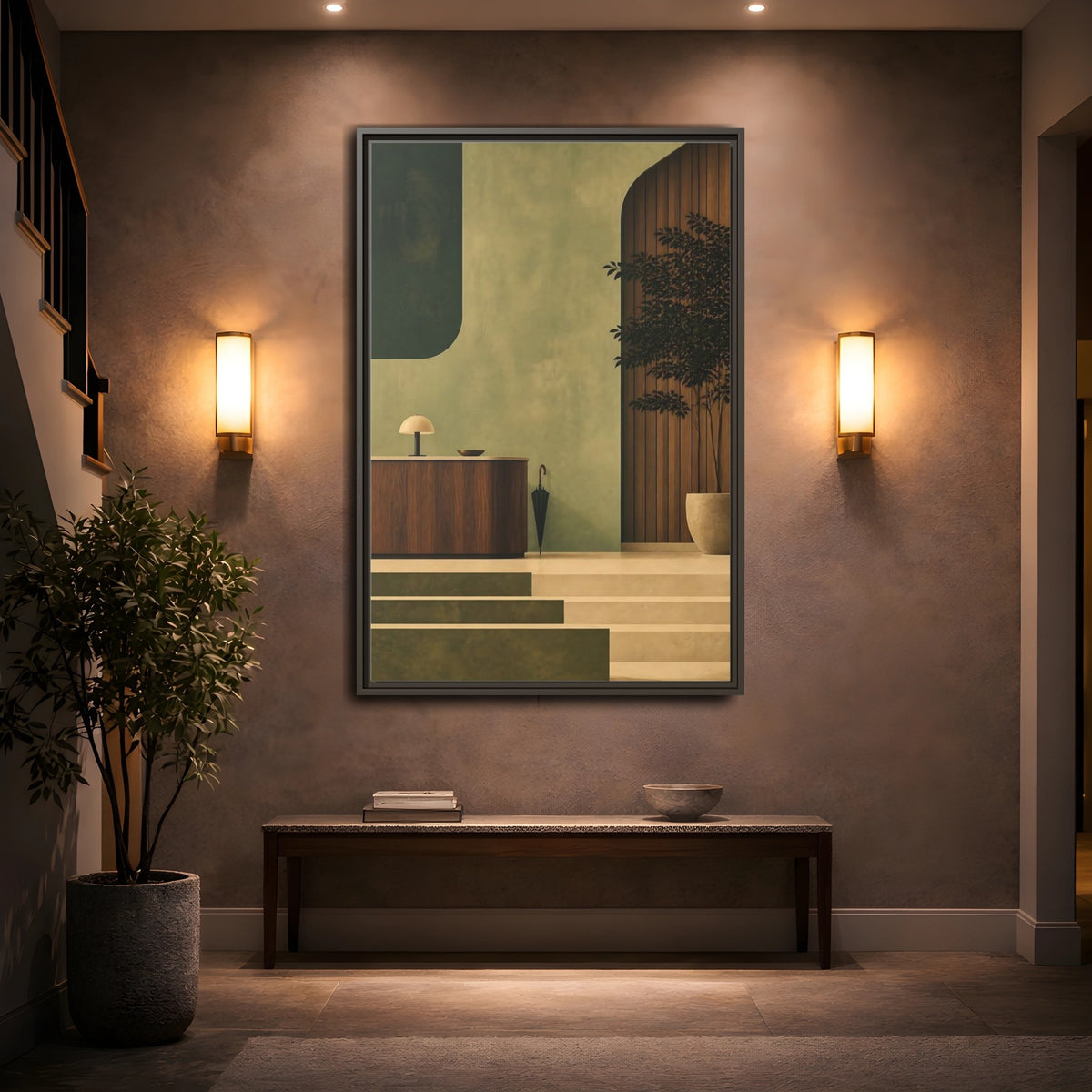 Mockup 2. Sage Reception Desk shown as framed canvas print