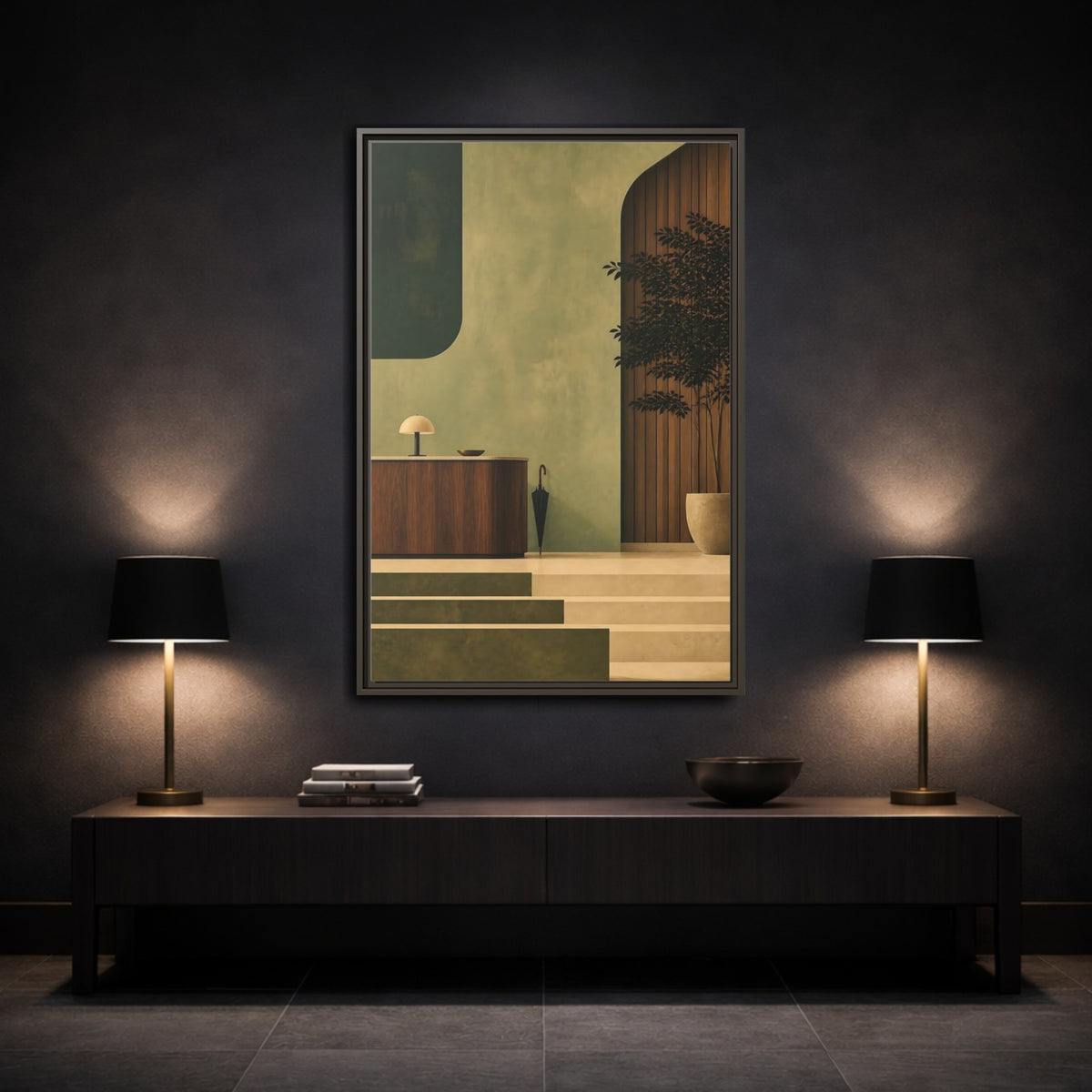 Mockup 3. Sage Reception Desk shown as framed canvas print