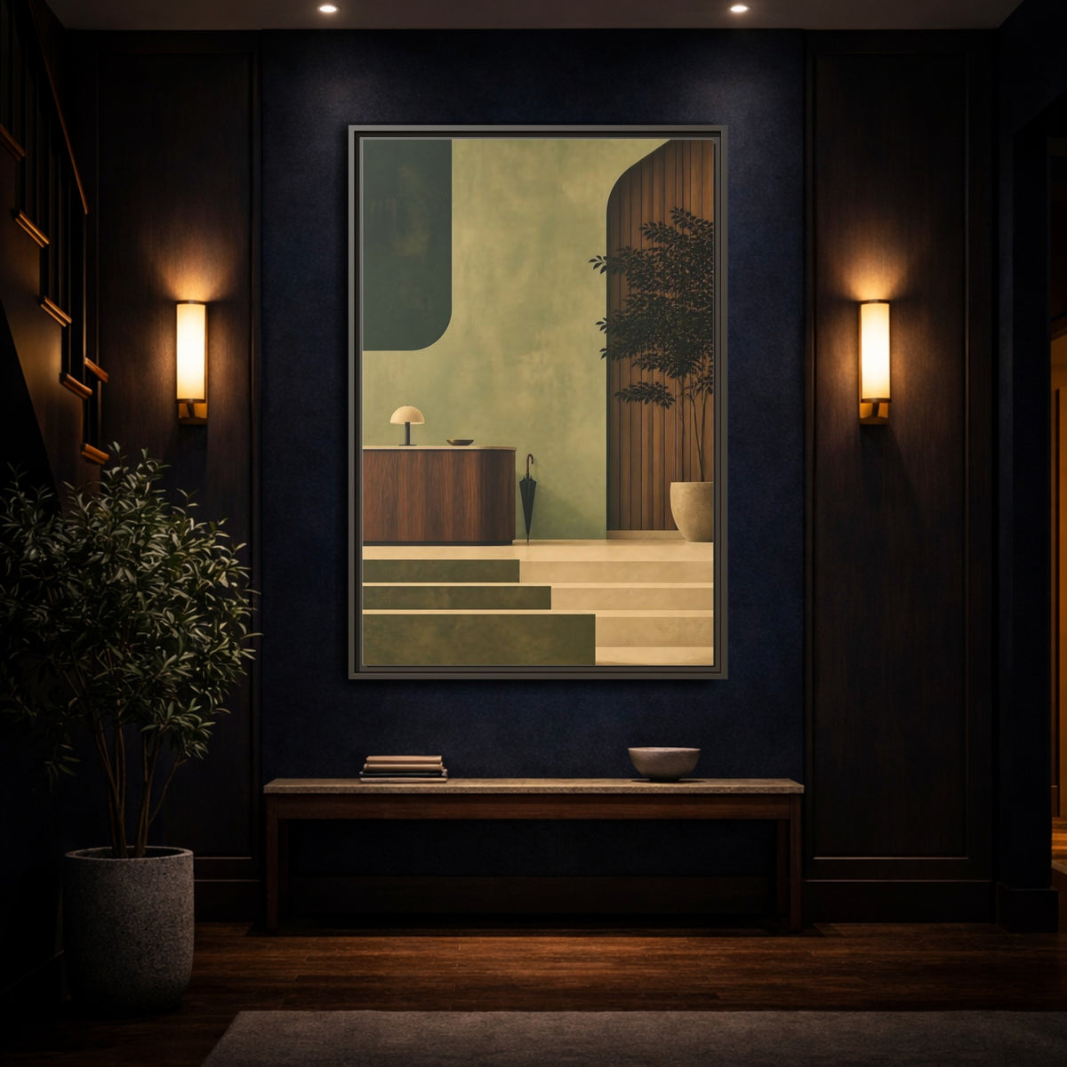 Mockup 4. Sage Reception Desk shown as framed canvas print