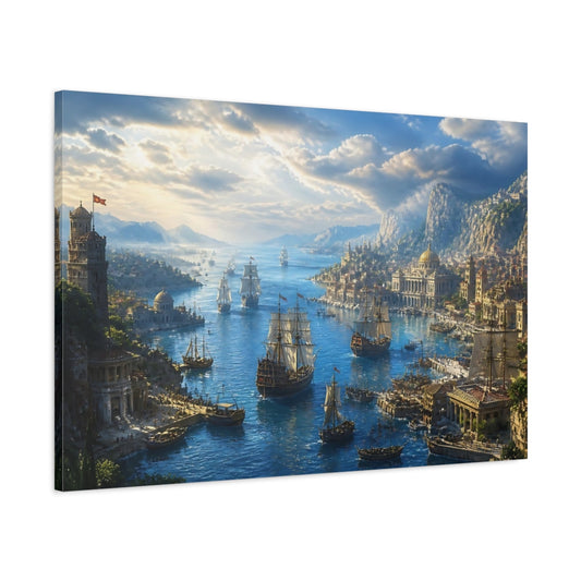 Main Mockup. Sailing Ships At Ancient Harbor shown as canvas print