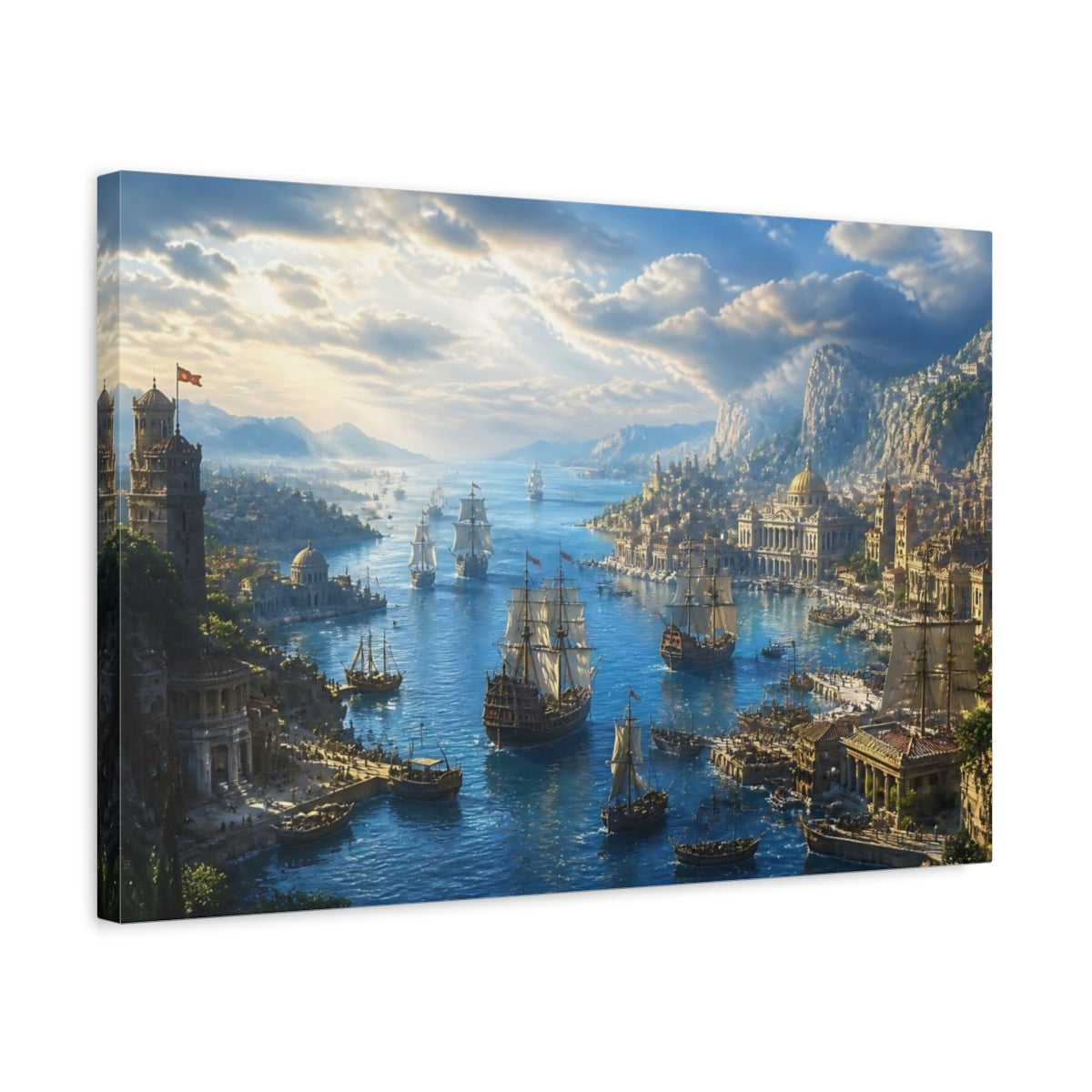 Side Mockup 3. Sailing Ships At Ancient Harbor shown as canvas print
