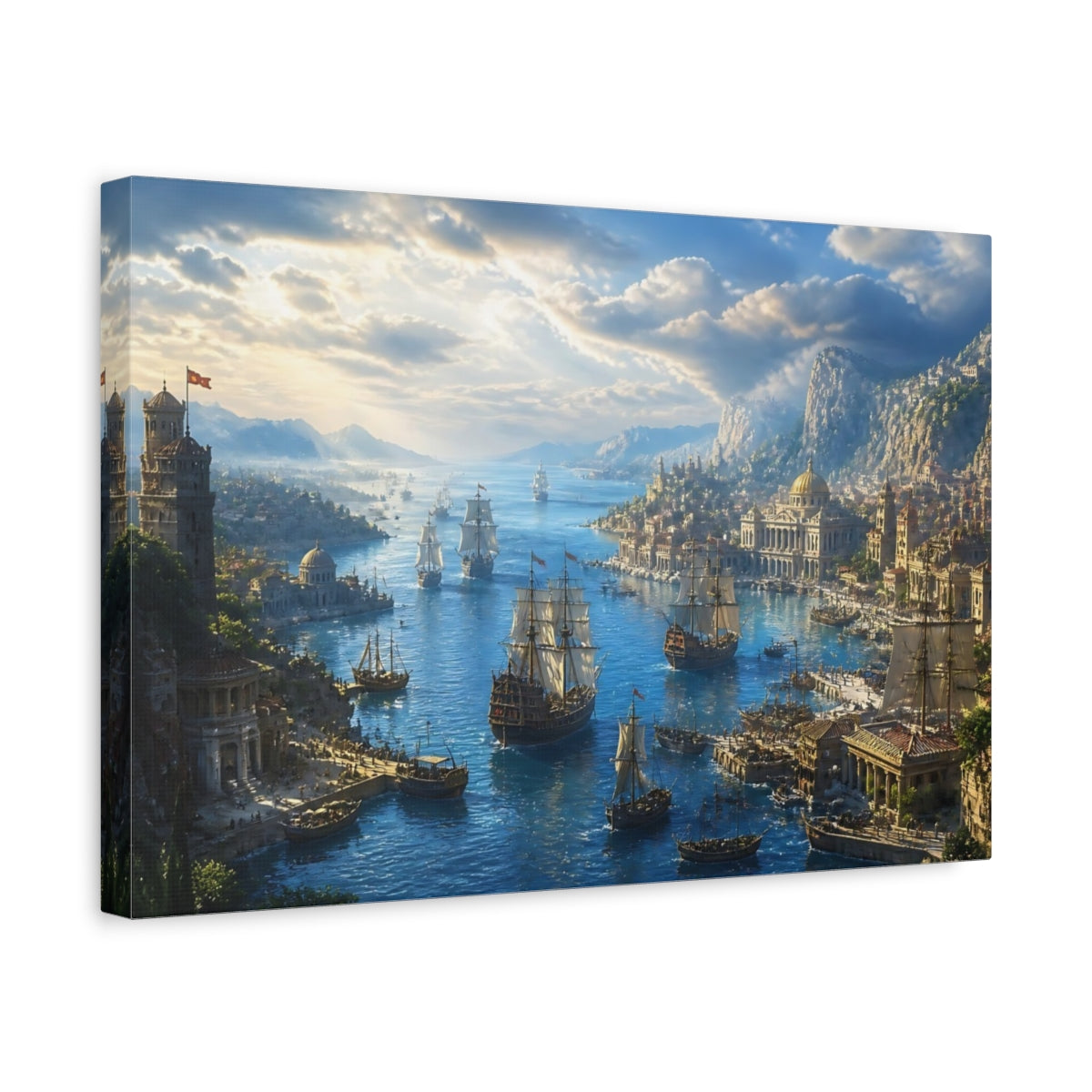 Side Mockup 4. Sailing Ships At Ancient Harbor shown as canvas print