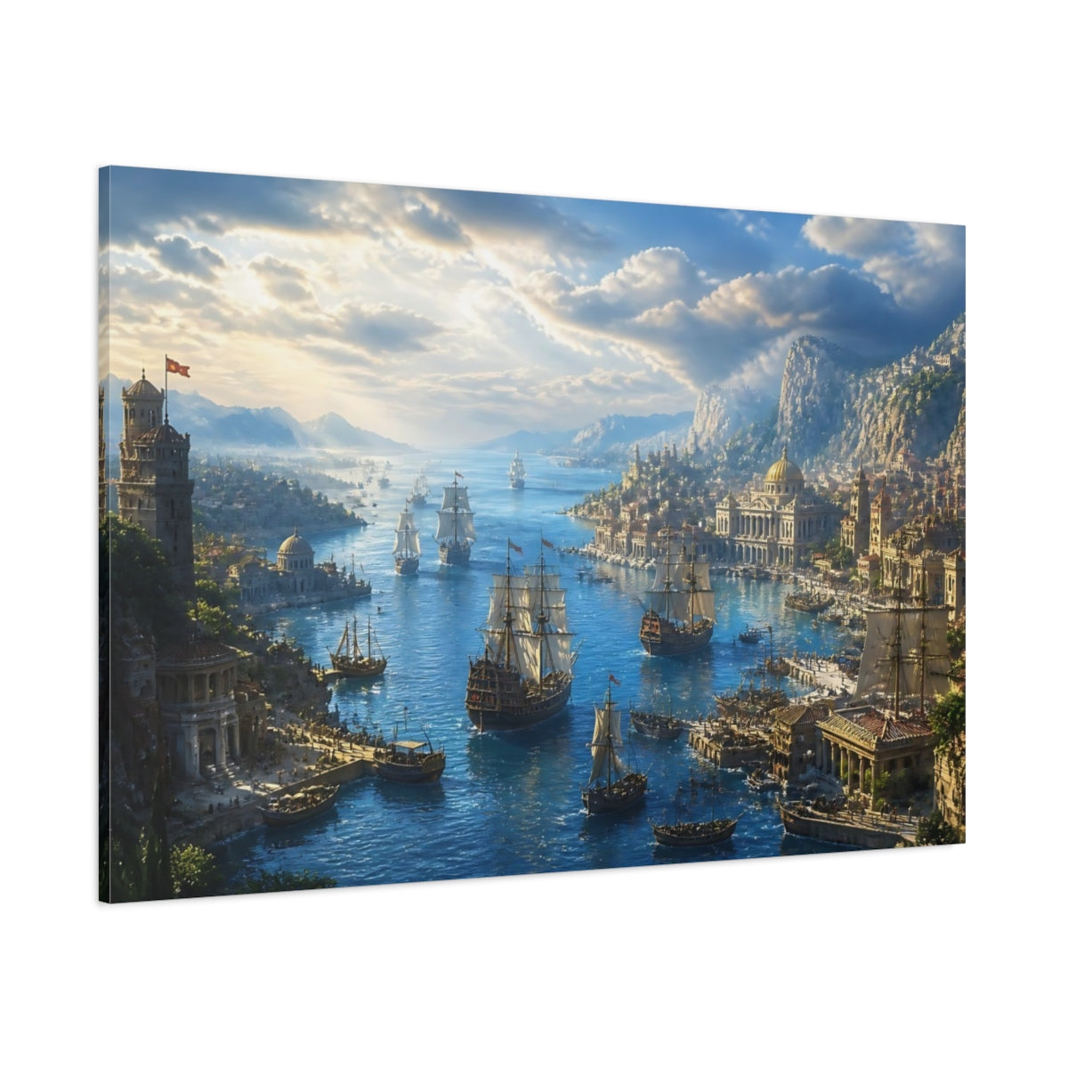 Side Mockup 1. Sailing Ships At Ancient Harbor shown as canvas print