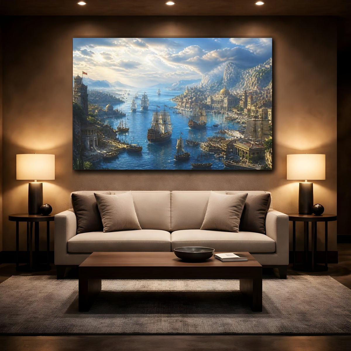 Mockup 2. Sailing Ships At Ancient Harbor shown as canvas print