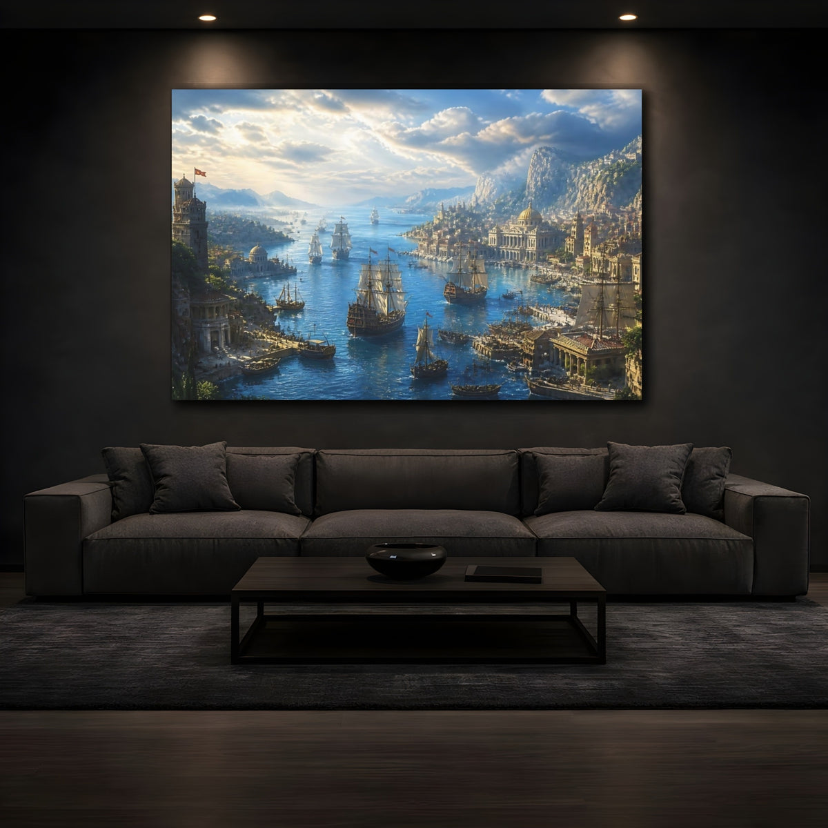 Mockup 3. Sailing Ships At Ancient Harbor shown as canvas print