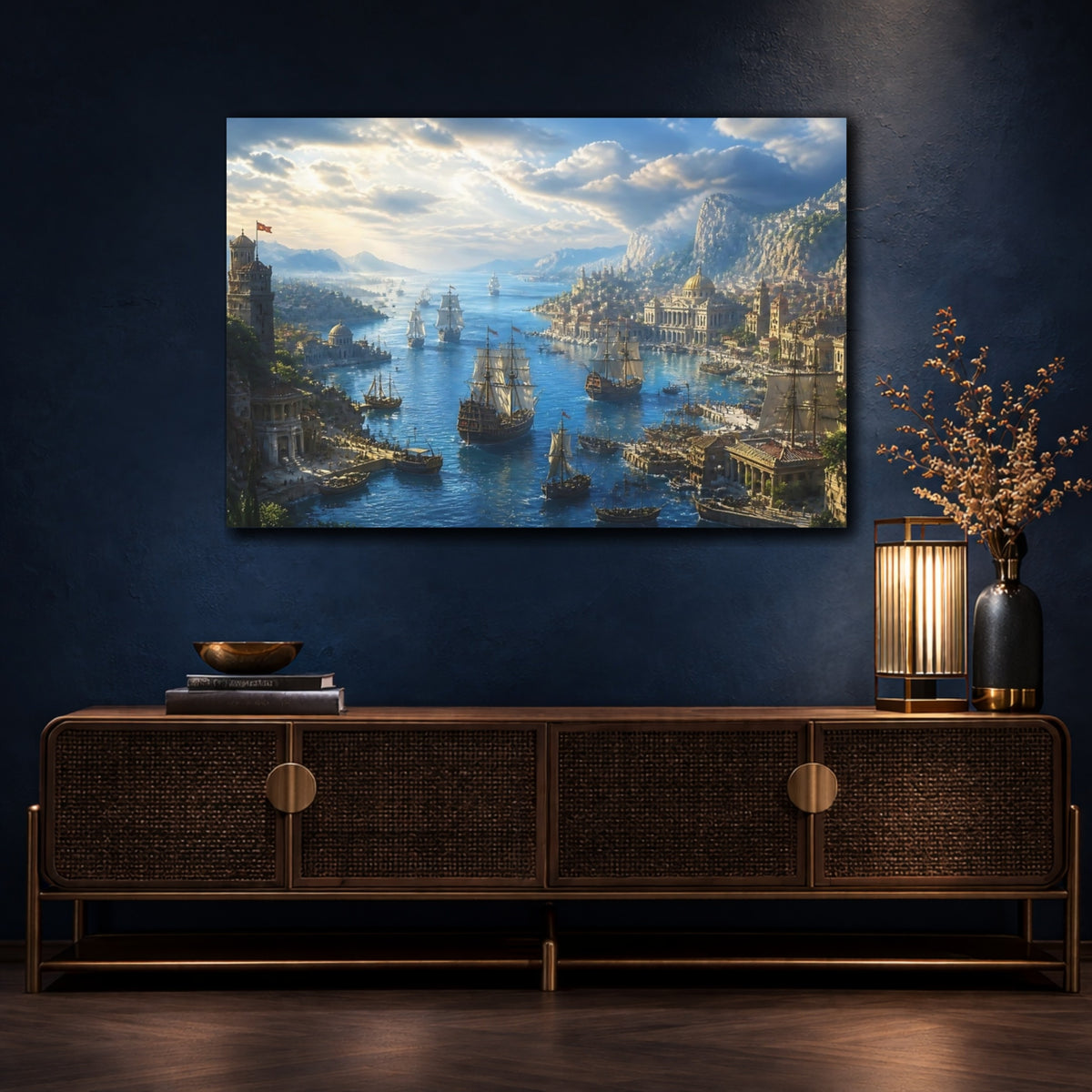 Mockup 4. Sailing Ships At Ancient Harbor shown as canvas print