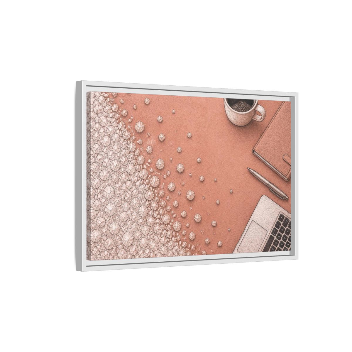 Side Mockup 1. Salt Crystal Office Desk shown as framed canvas print
