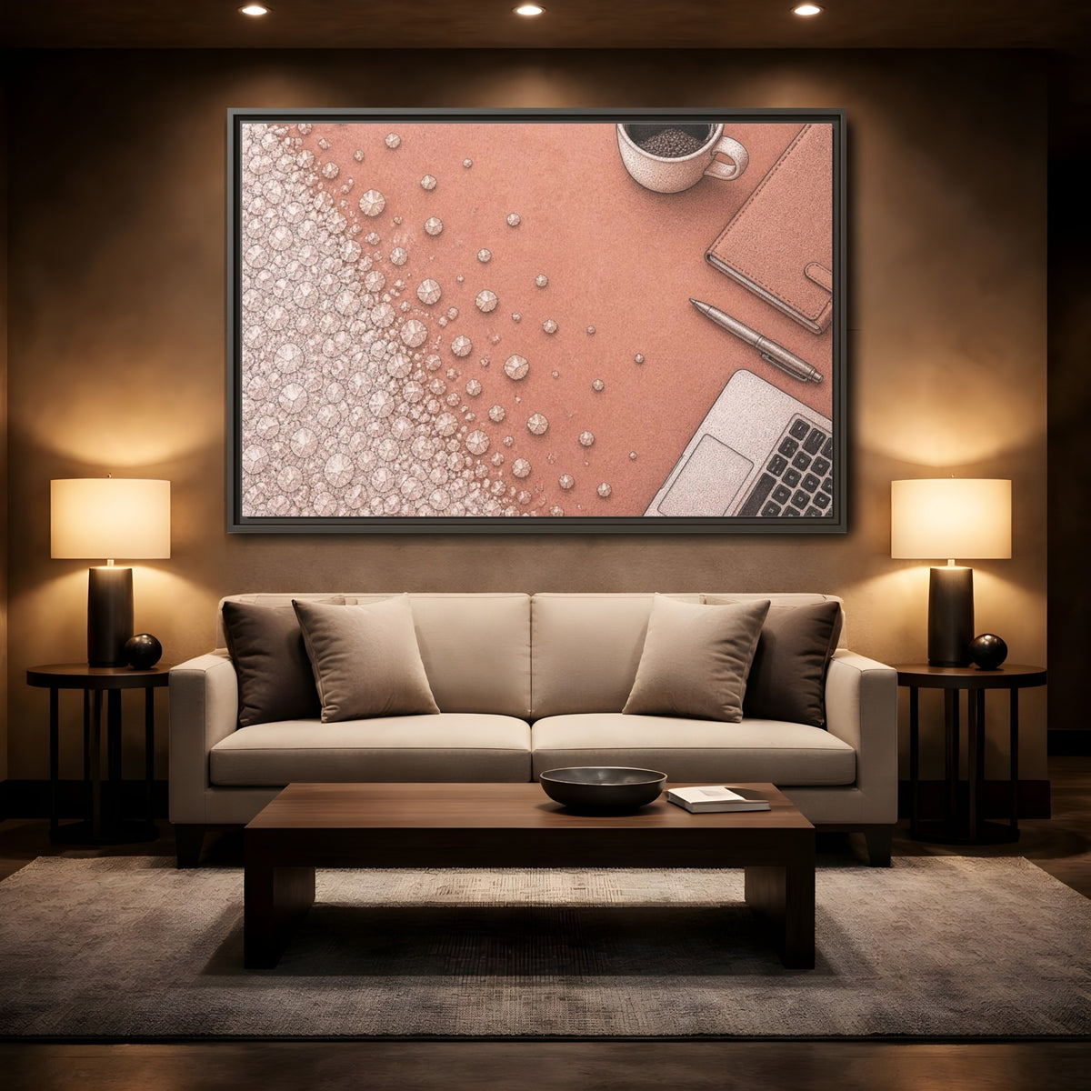 Mockup 2. Salt Crystal Office Desk shown as framed canvas print