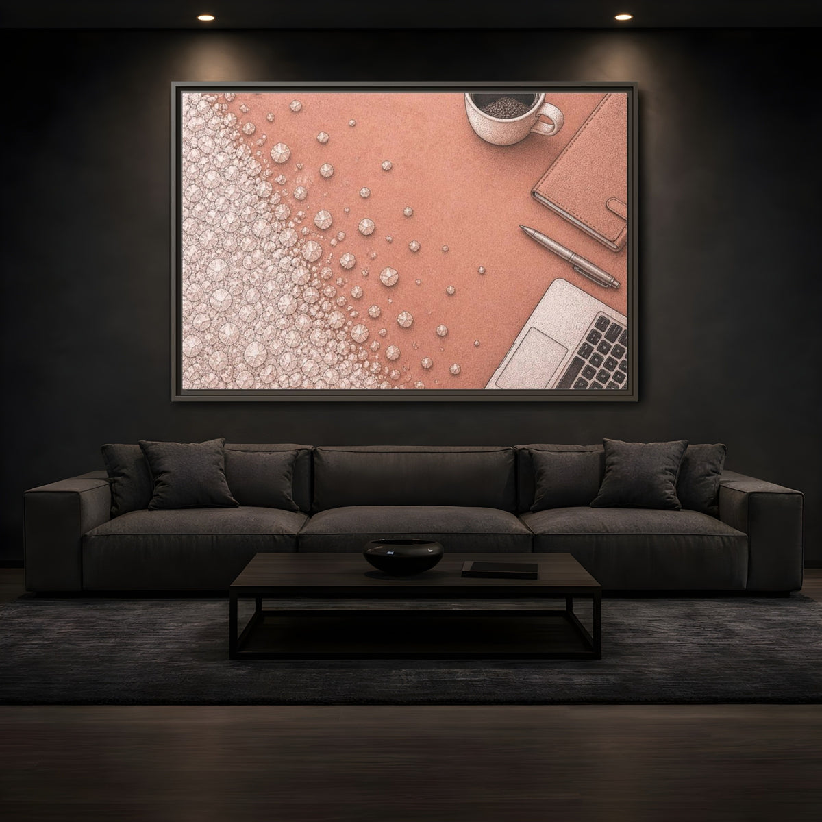 Mockup 3. Salt Crystal Office Desk shown as framed canvas print