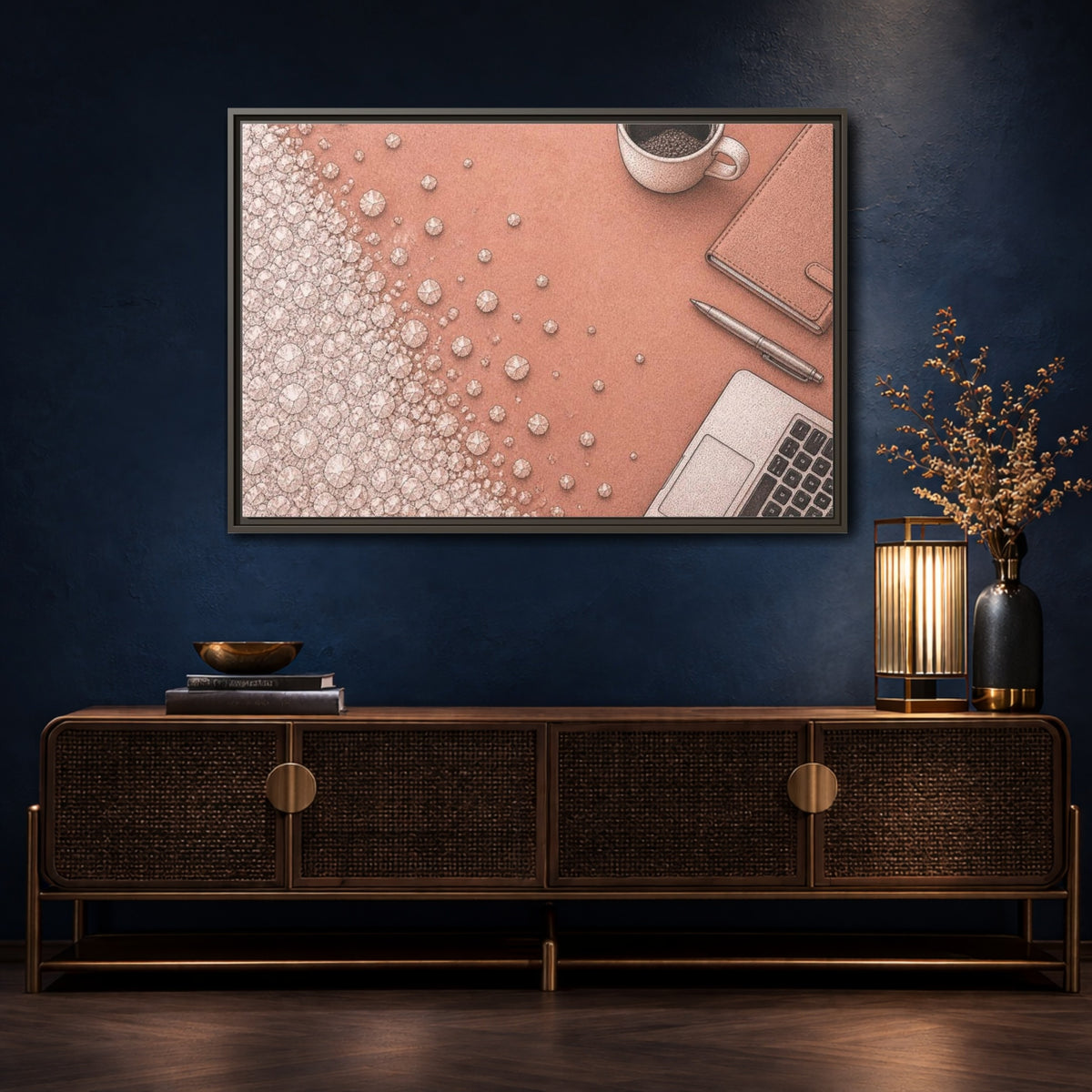 Mockup 4. Salt Crystal Office Desk shown as framed canvas print
