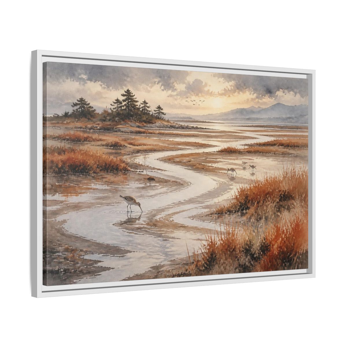 Side Mockup 10. Salt Marsh Landscape shown as framed canvas print