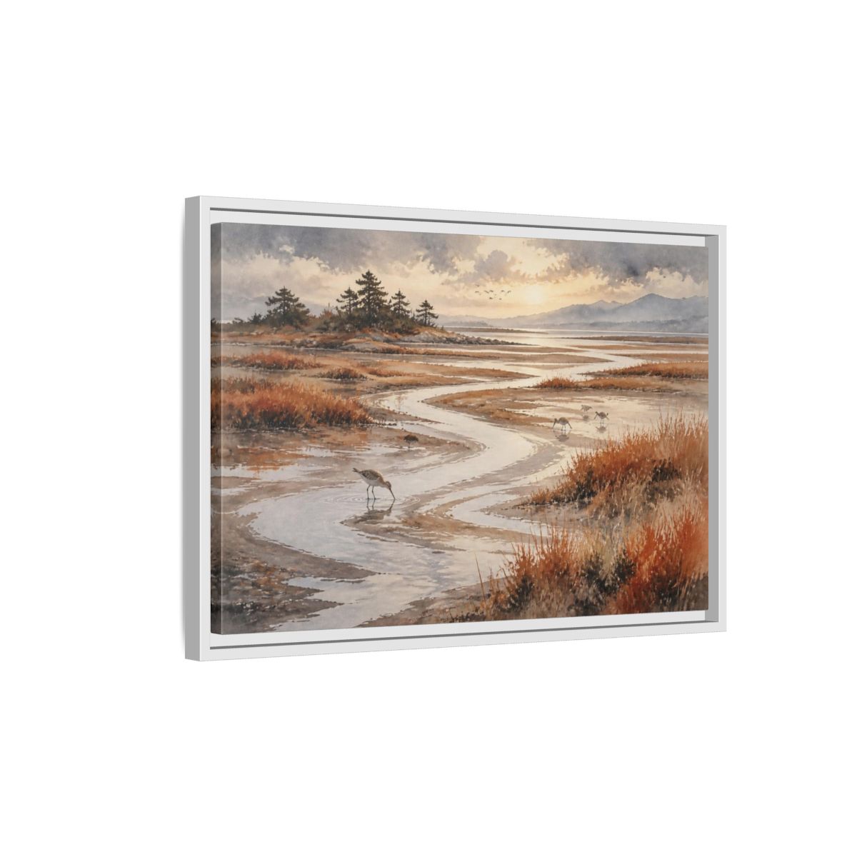 Side Mockup 1. Salt Marsh Landscape shown as framed canvas print