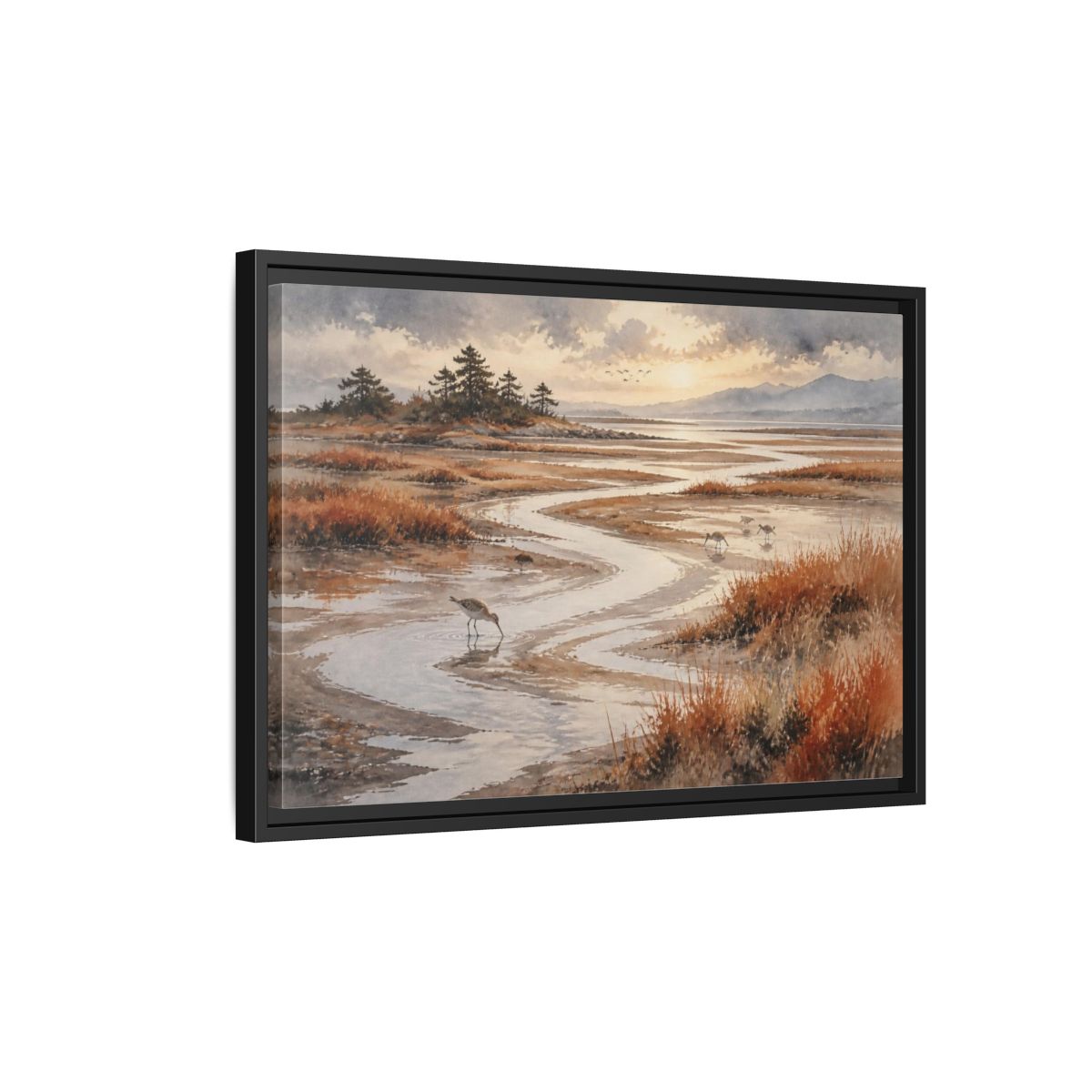 Side Mockup 3. Salt Marsh Landscape shown as framed canvas print