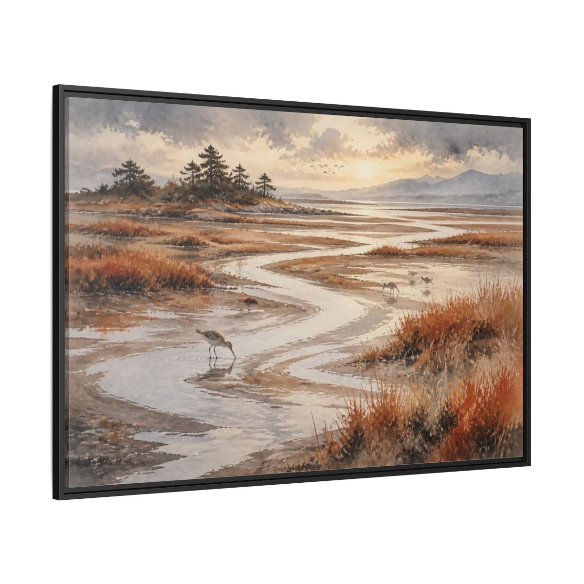 Side Mockup 12. Salt Marsh Landscape shown as framed canvas print