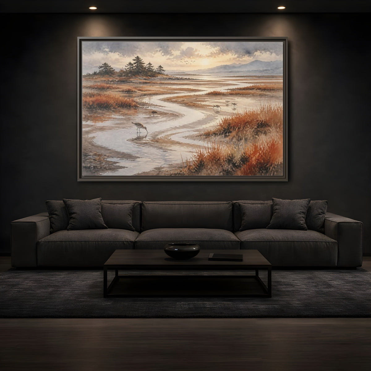 Mockup 3. Salt Marsh Landscape shown as framed canvas print