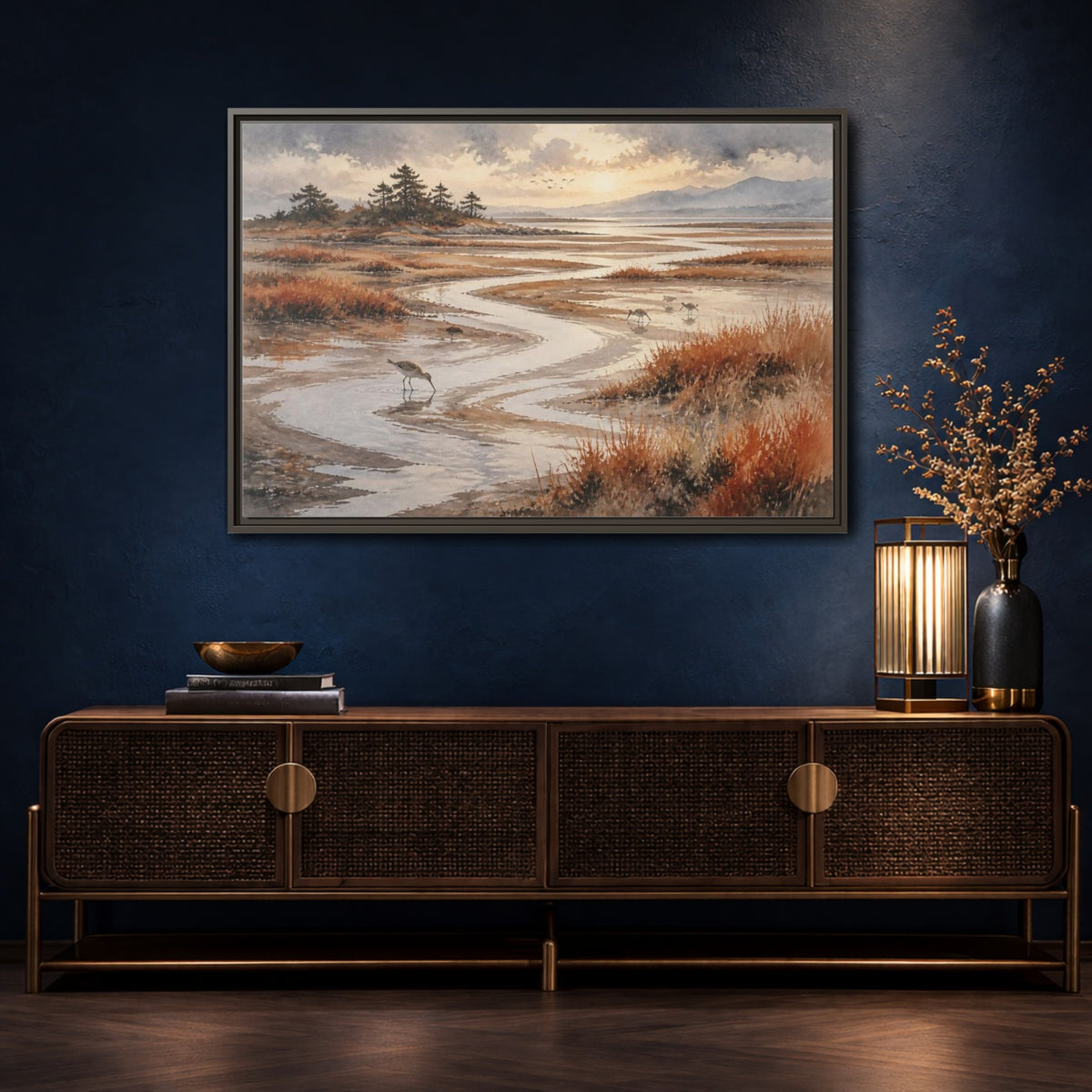 Mockup 4. Salt Marsh Landscape shown as framed canvas print