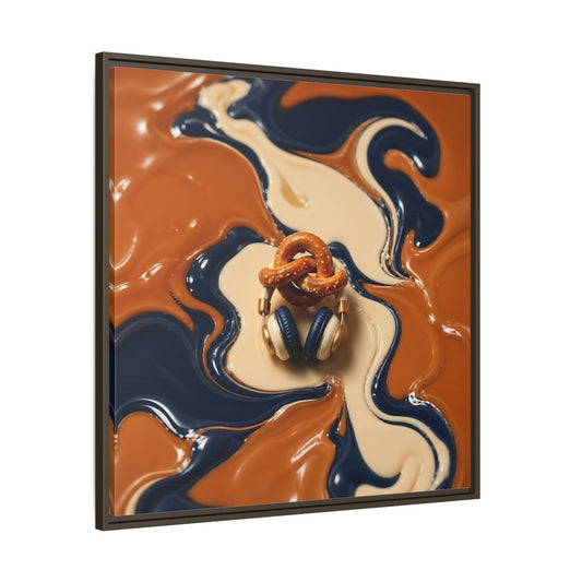 Main Mockup. Salted Pretzel & Headphones shown as framed canvas print