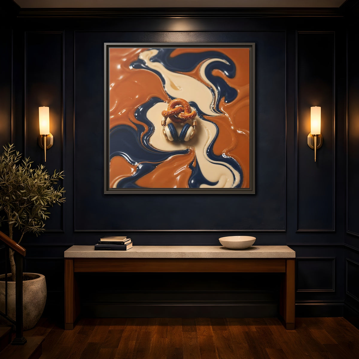 Mockup 4. Salted Pretzel & Headphones shown as framed canvas print