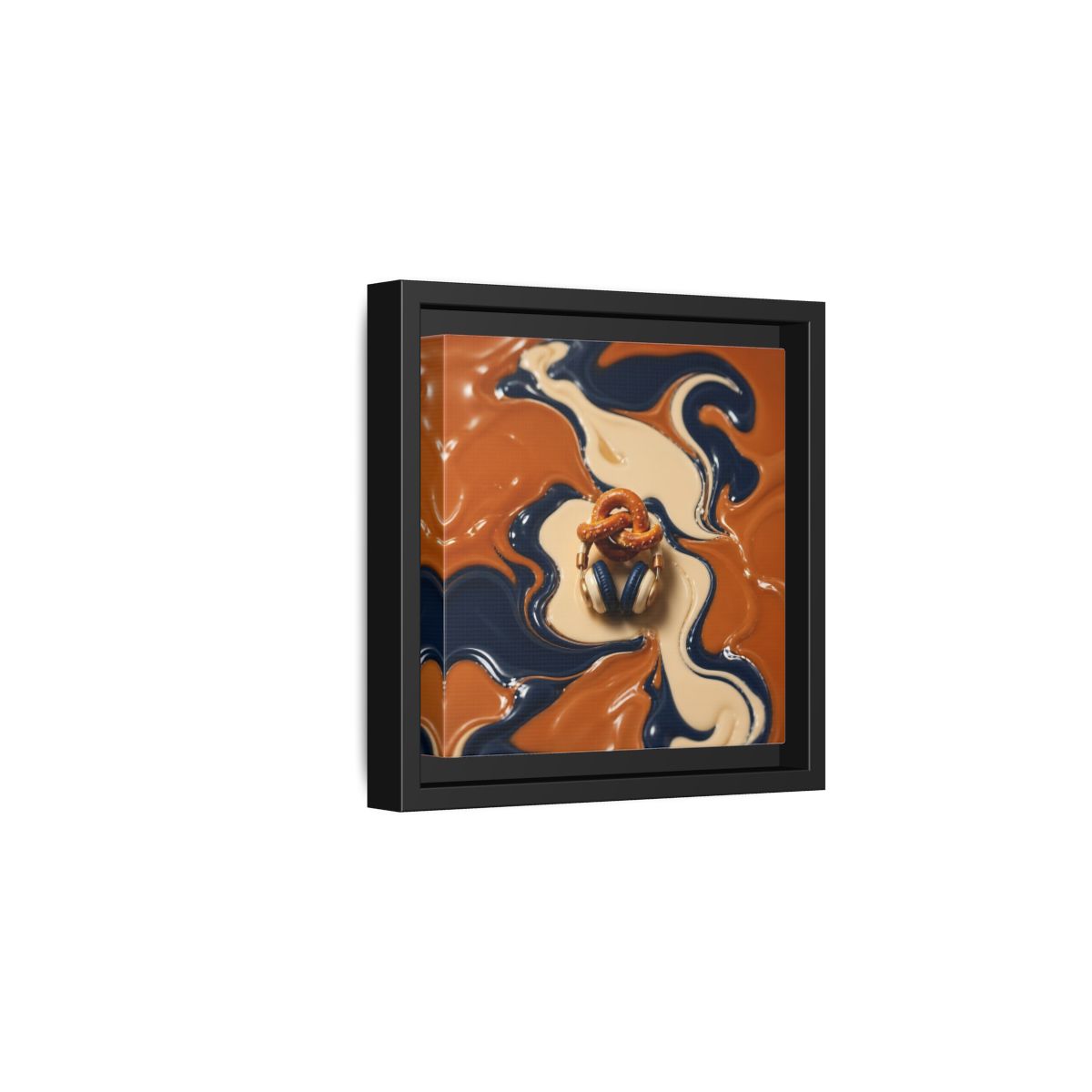 Side Mockup 3. Salted Pretzel & Headphones shown as framed canvas print