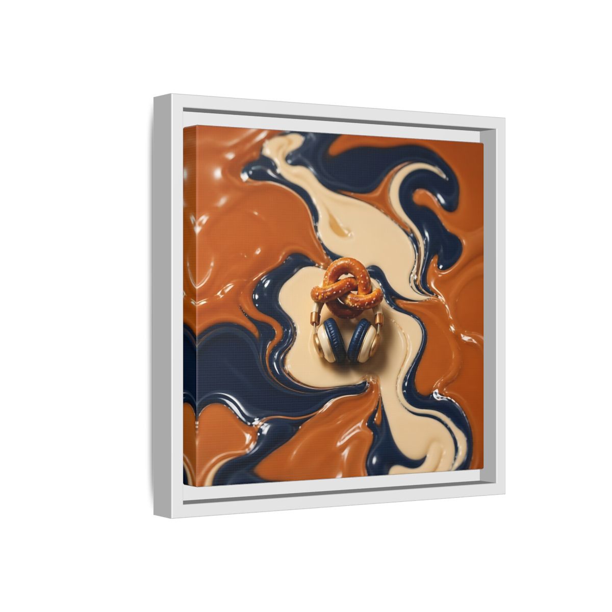 Side Mockup 16. Salted Pretzel & Headphones shown as framed canvas print