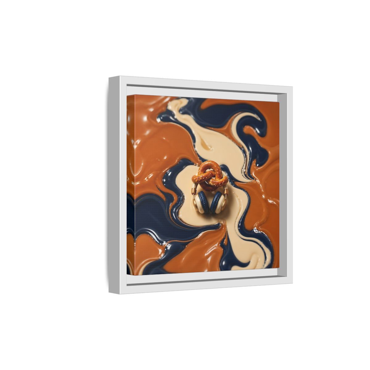 Side Mockup 19. Salted Pretzel & Headphones shown as framed canvas print