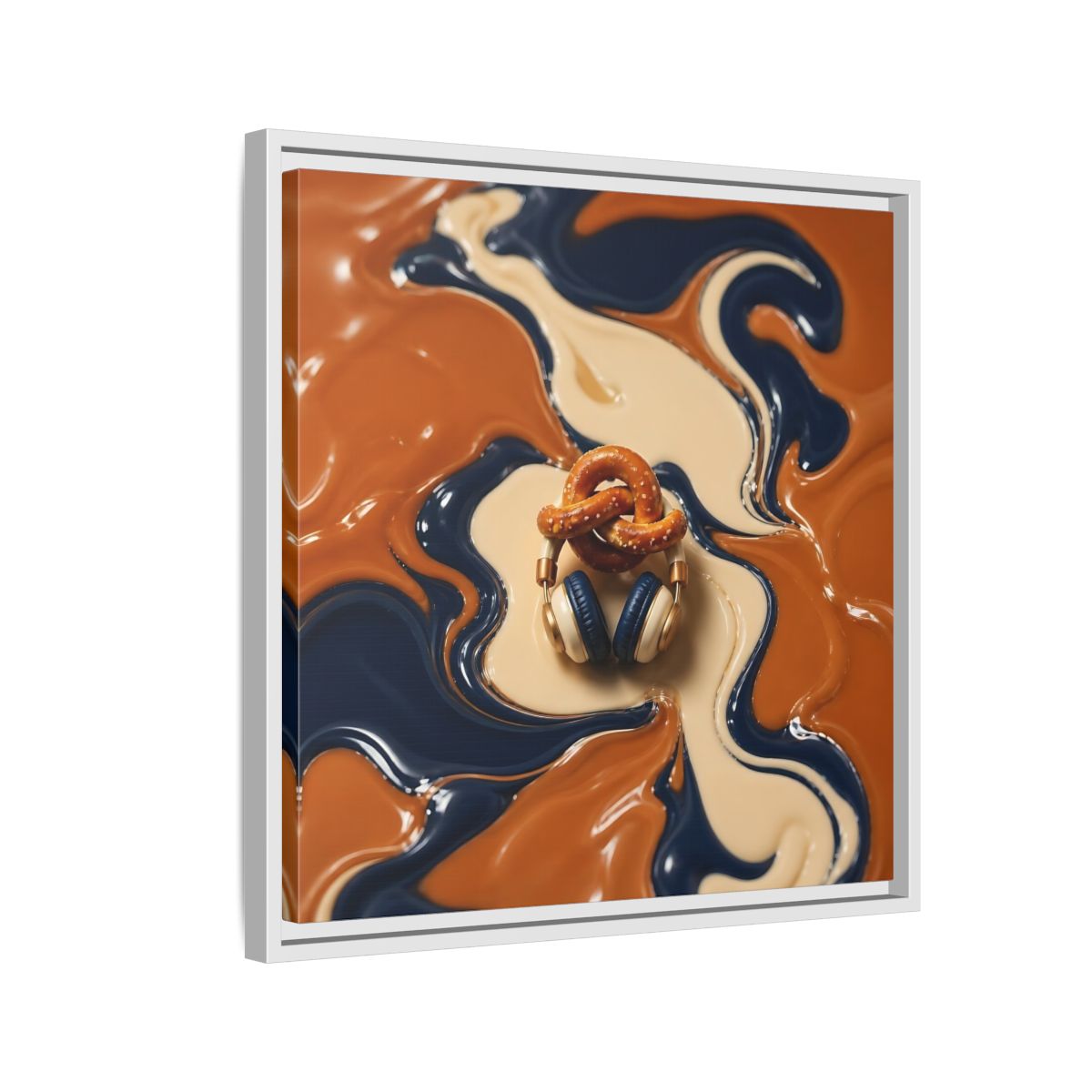 Side Mockup 10. Salted Pretzel & Headphones shown as framed canvas print