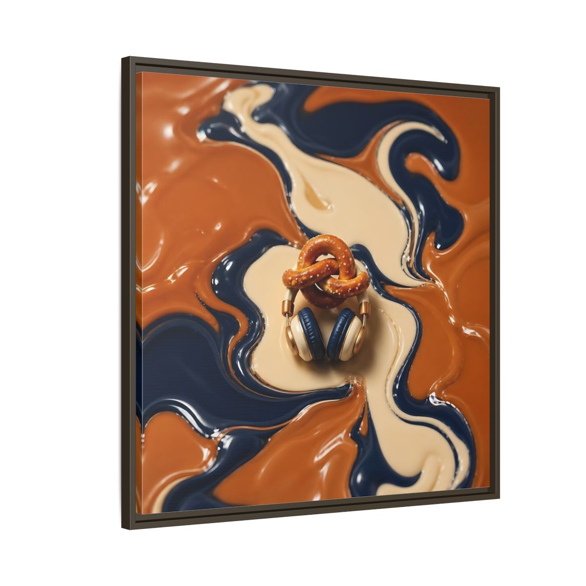 Side Mockup 8. Salted Pretzel & Headphones shown as framed canvas print