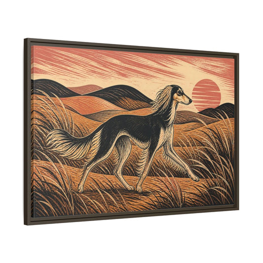 Main Mockup. Saluki Pets Sunset shown as framed canvas print