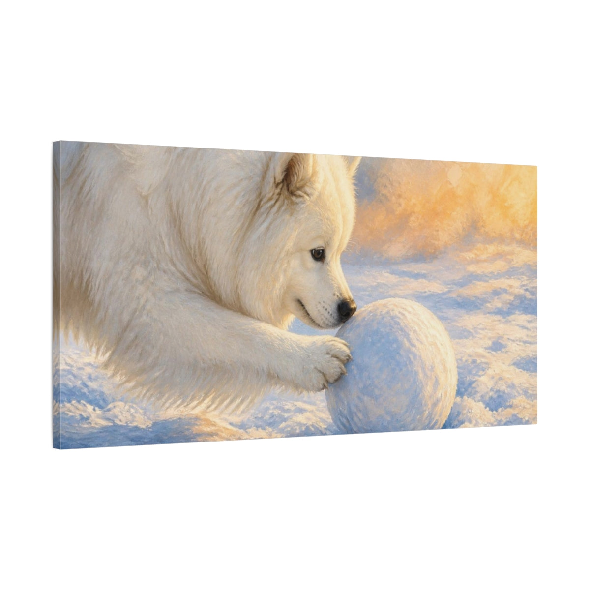 Main Mockup. Samoyed Pets Playtime shown as canvas print