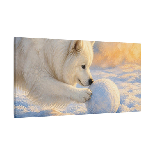 Main Mockup. Samoyed Pets Playtime shown as canvas print