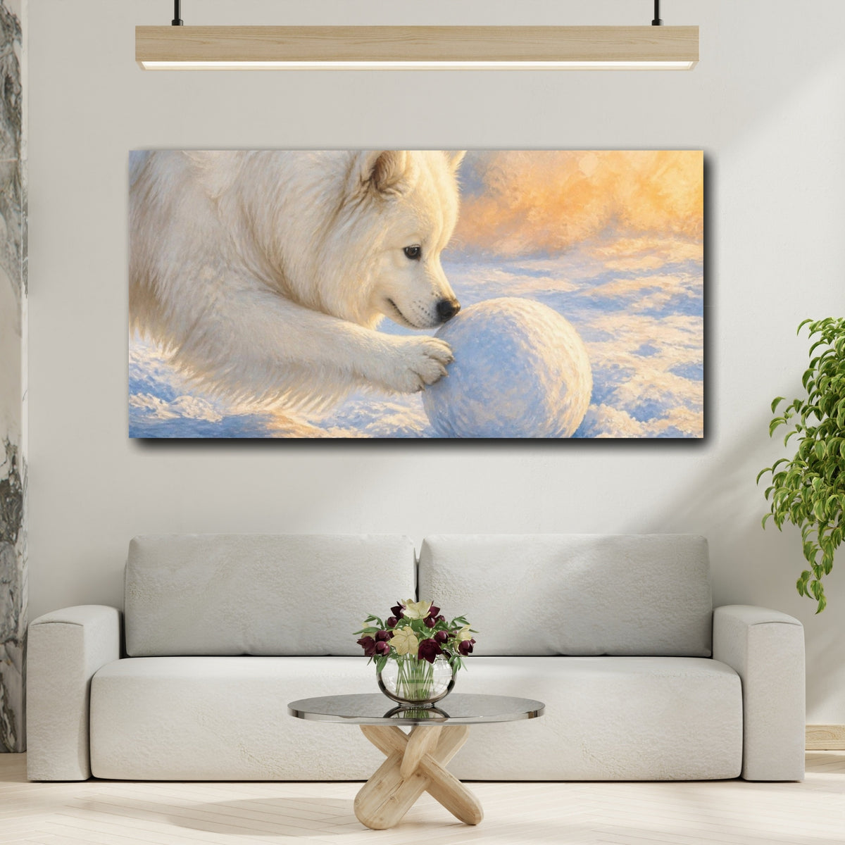 Mockup 2. Samoyed Pets Playtime shown as canvas print