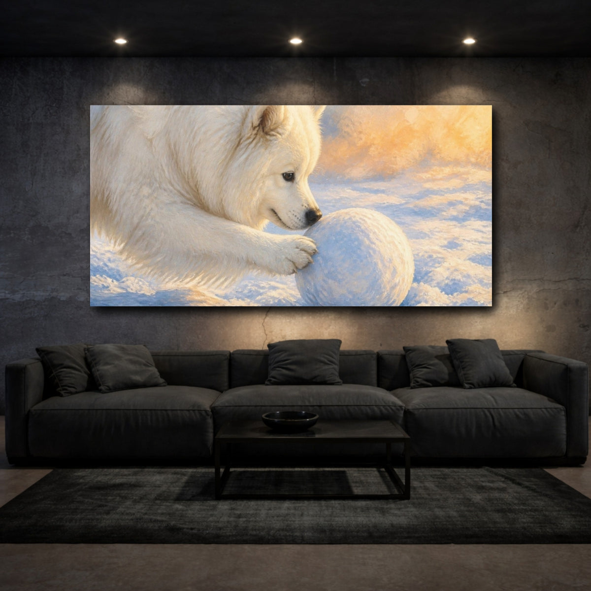 Mockup 3. Samoyed Pets Playtime shown as canvas print