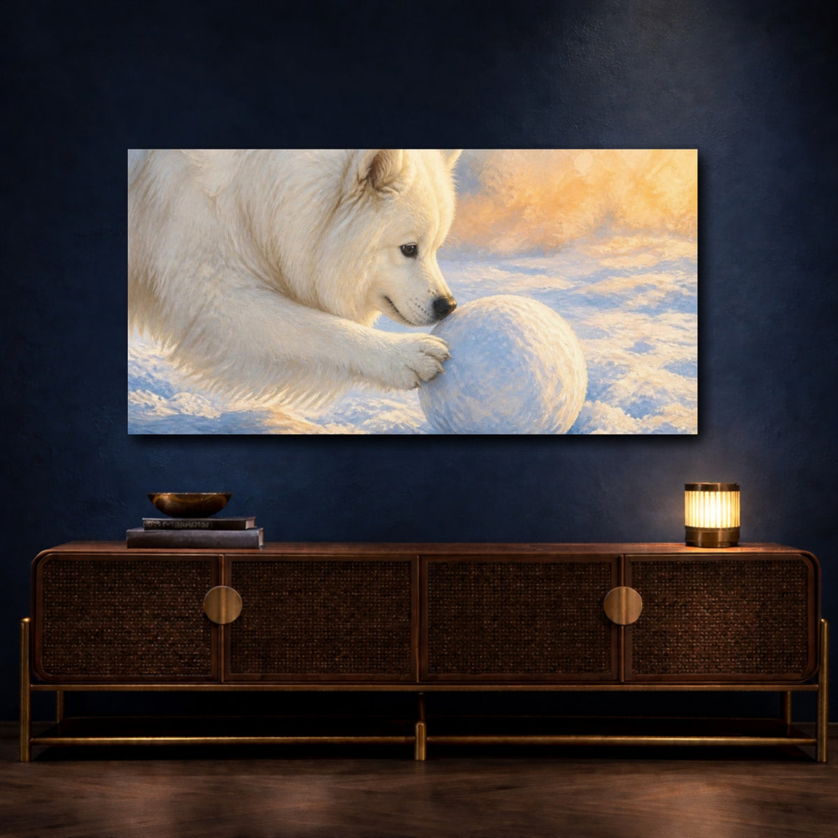 Mockup 4. Samoyed Pets Playtime shown as canvas print