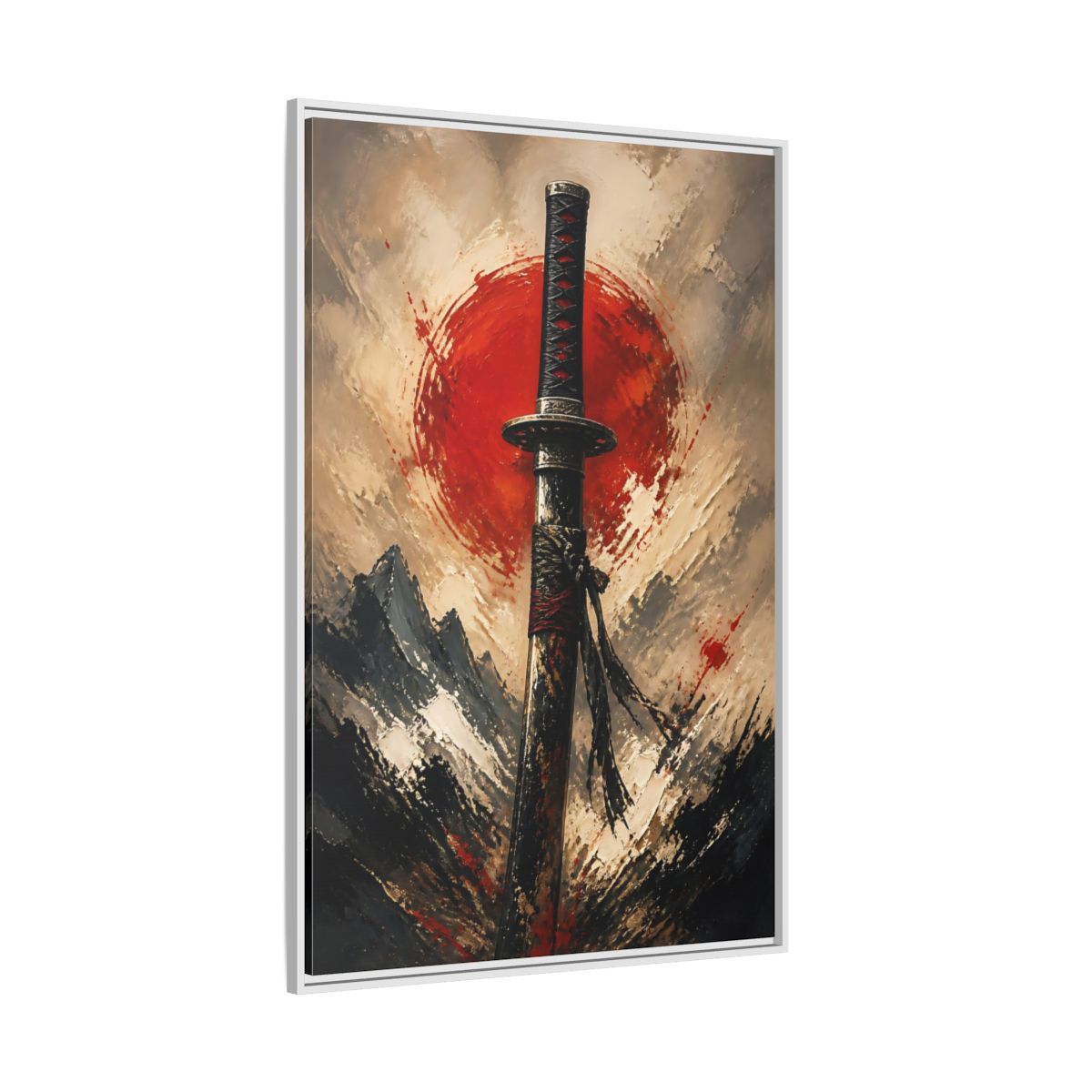 Side Mockup 7. Samurai Sword Red Sun shown as framed canvas print