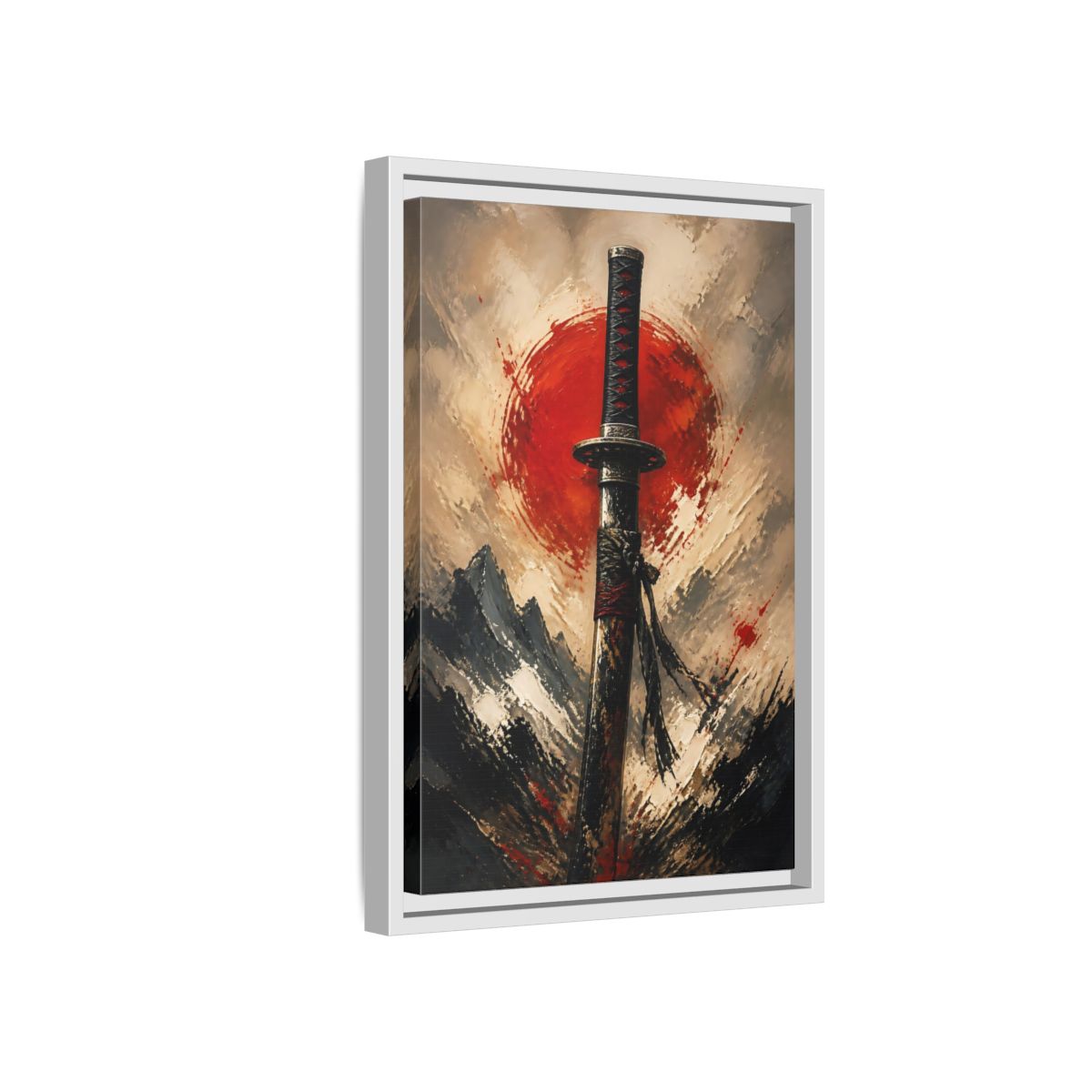 Side Mockup 4. Samurai Sword Red Sun shown as framed canvas print