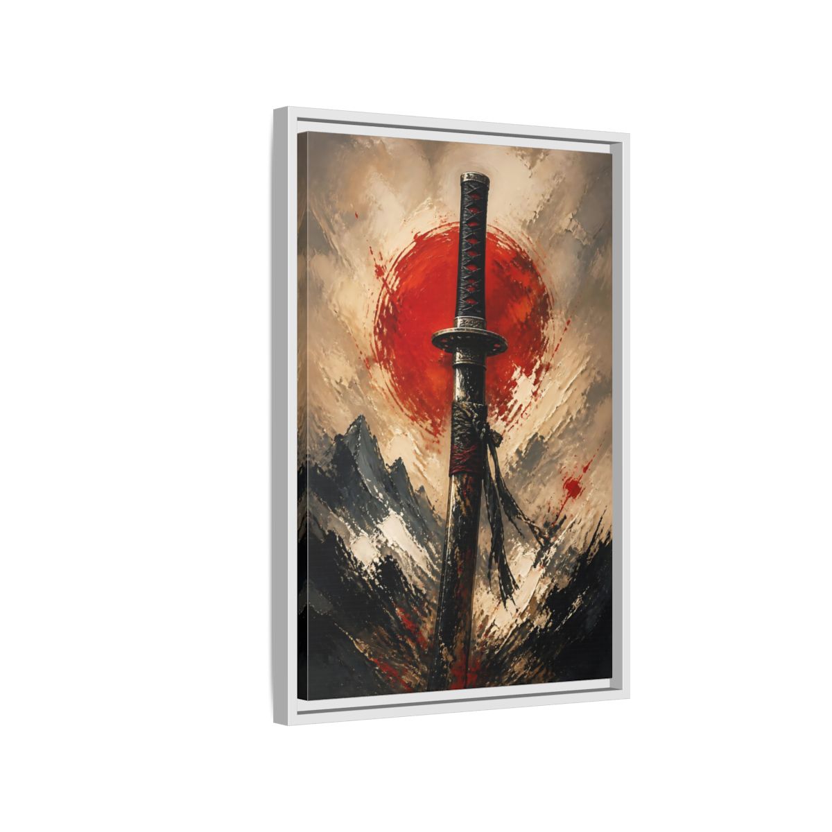 Side Mockup 1. Samurai Sword Red Sun shown as framed canvas print