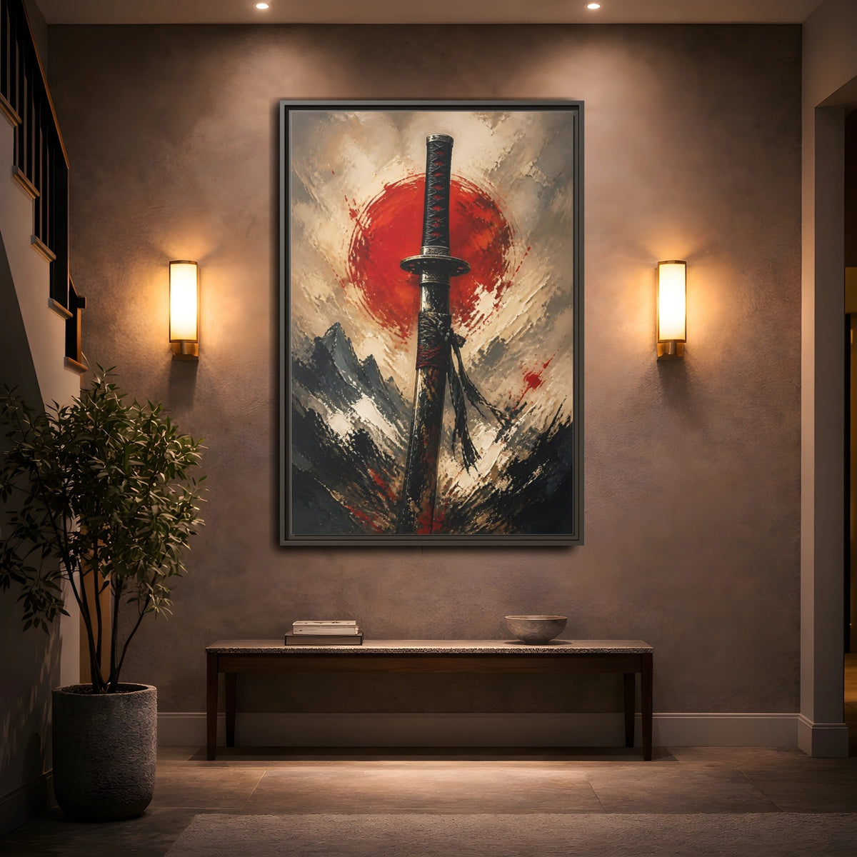 Mockup 2. Samurai Sword Red Sun shown as framed canvas print