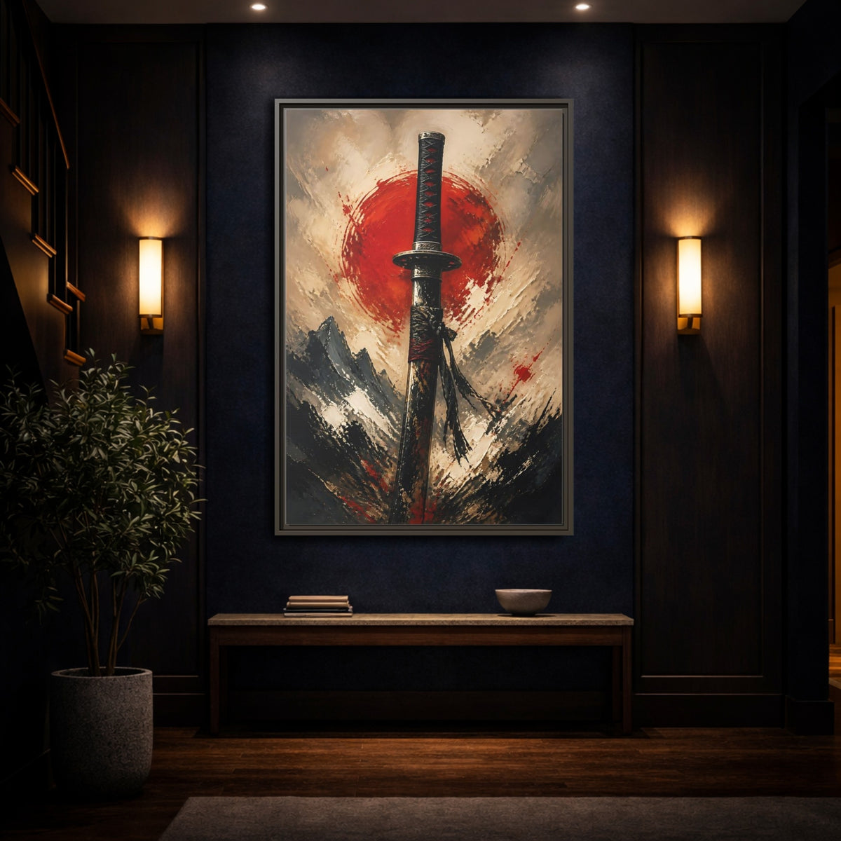 Mockup 4. Samurai Sword Red Sun shown as framed canvas print