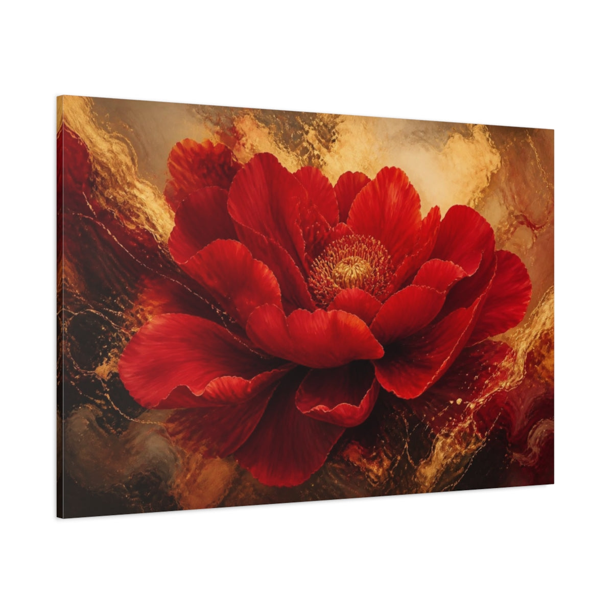 Side Mockup 1. Scarlet Floral Bloom shown as canvas print