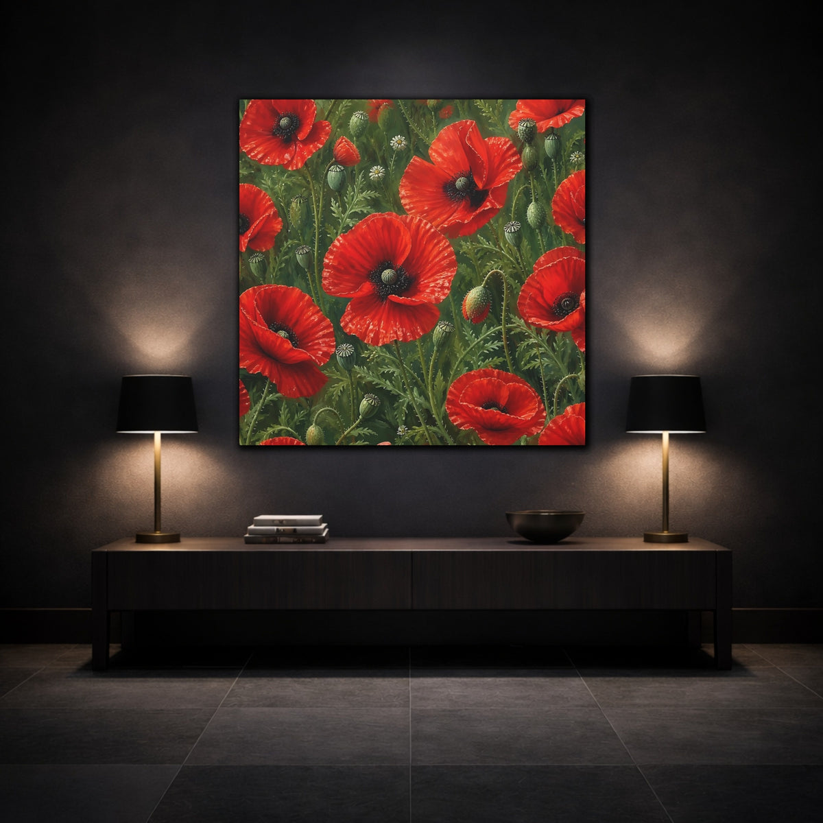 Mockup 3. Scarlet Floral Poppies shown as canvas print