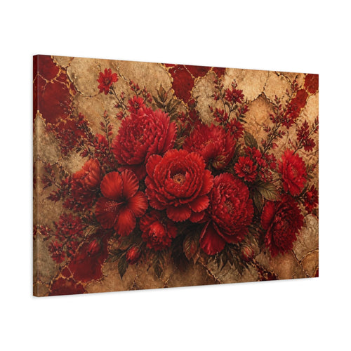 Main Mockup. Scarlet Peony Floral Bouquet shown as canvas print
