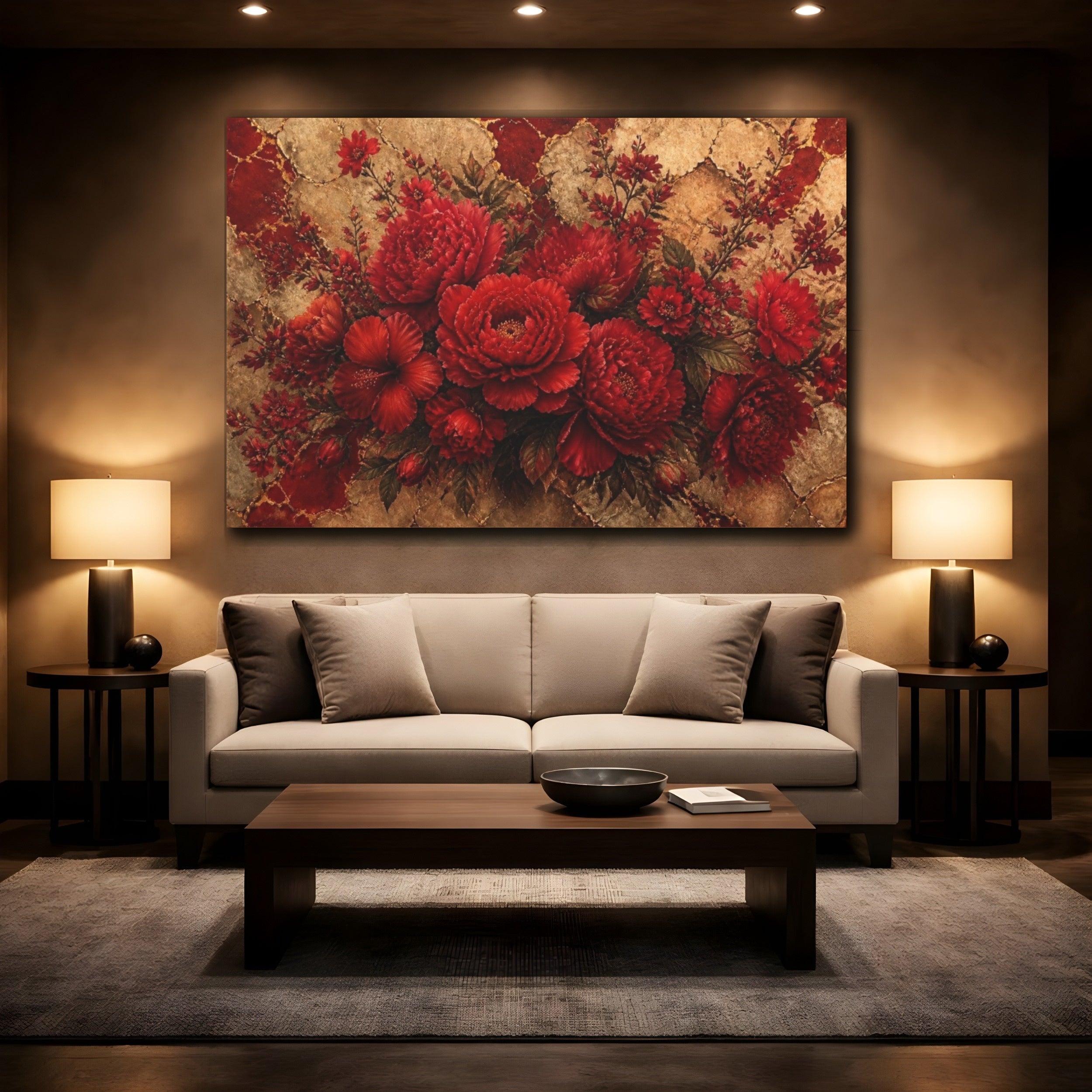 Mockup 2. Scarlet Peony Floral Bouquet shown as canvas print