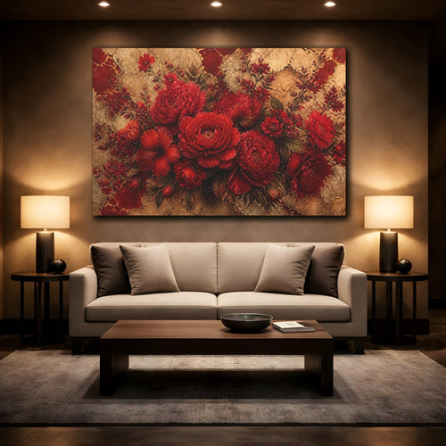 Mockup 2. Scarlet Peony Floral Bouquet shown as canvas print