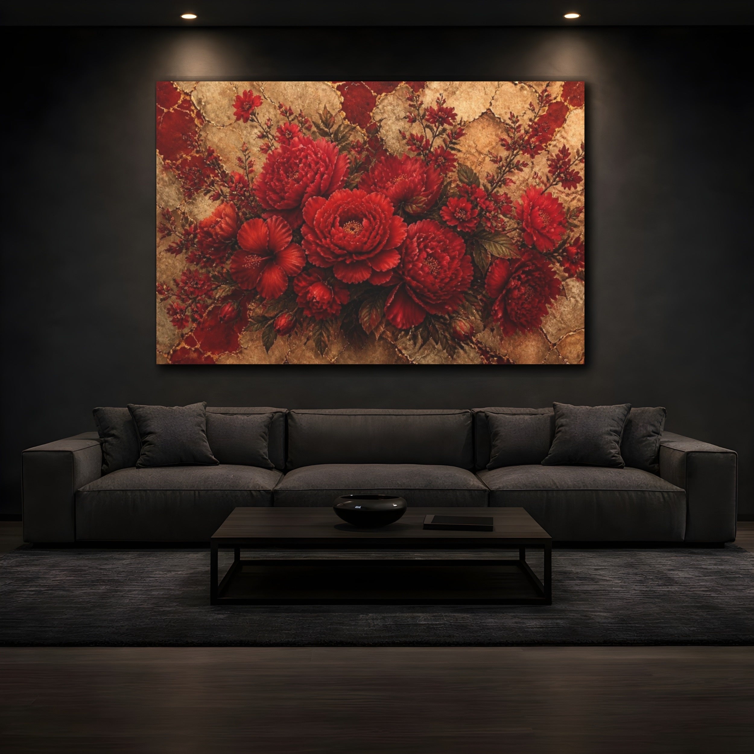 Mockup 3. Scarlet Peony Floral Bouquet shown as canvas print