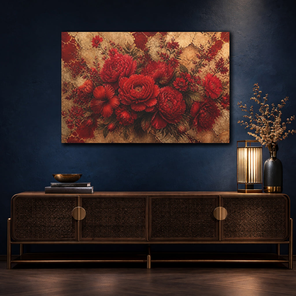 Mockup 4. Scarlet Peony Floral Bouquet shown as canvas print