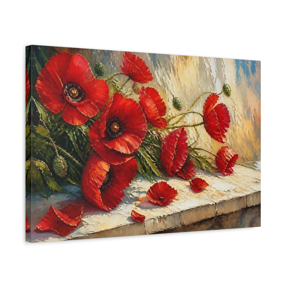 Side Mockup 3. Scarlet Poppies On Ledge shown as canvas print
