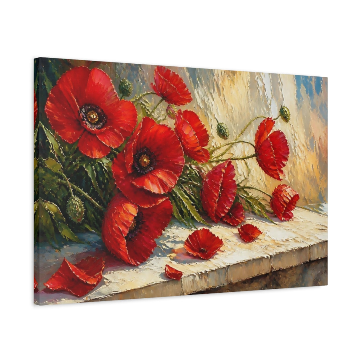Side Mockup 2. Scarlet Poppies On Ledge shown as canvas print