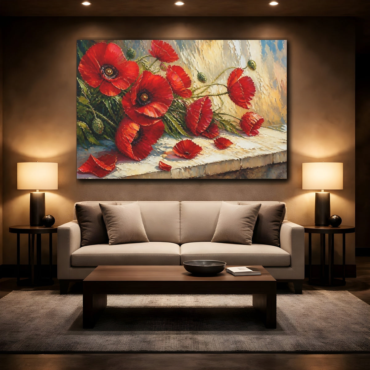 Mockup 2. Scarlet Poppies On Ledge shown as canvas print